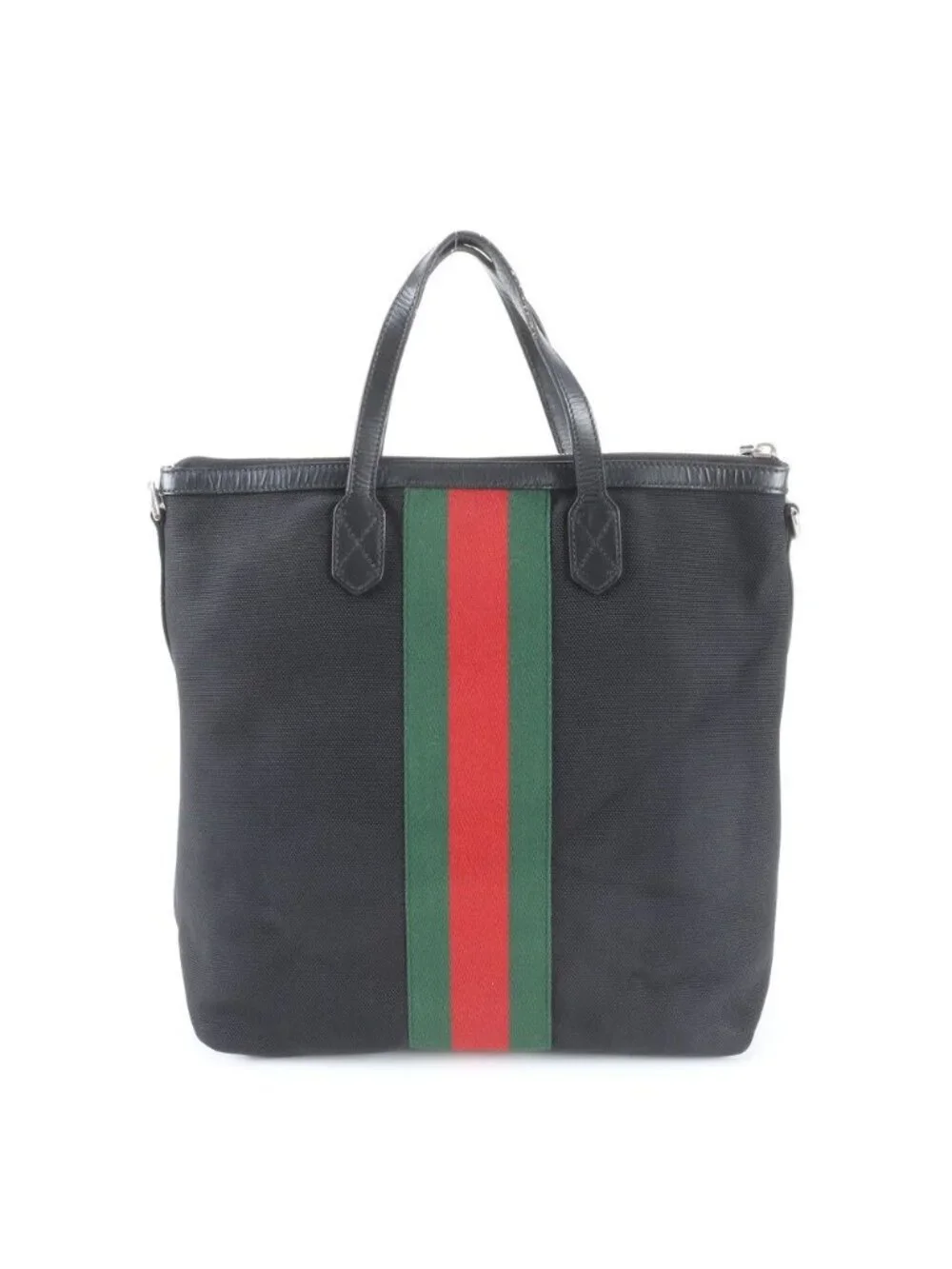 Gucci Sherry Line Leather Canvas Tote Shoulder Business Black